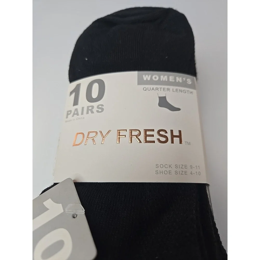 Dry Fresh Socks Women's Quarter Length Shoe Size 4-10 Black 10 Pairs New